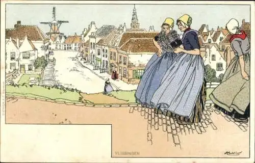 Künstler Litho Cassiers, H., Vlissingen Zeeland Niederlande, Frauen in Trachten, Windmühle