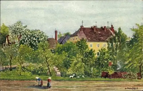 Künstler Ak Rahnfeld, A., Steinpleis Werdau in Sachsen, Oberrittergut, Frauen bei der Arbeit