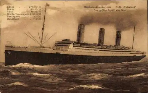 Ak Dampfer Vaterland, Hamburg Amerika Linie, HAPAG