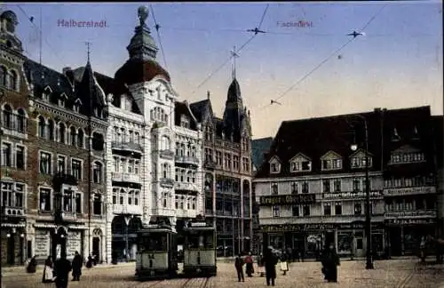 Ak Halberstadt am Harz, Fischmarkt, Straßenbahnen