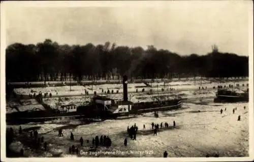 Ak Der zugefrorene Rhein, Winter 1929, Dampfschiffe