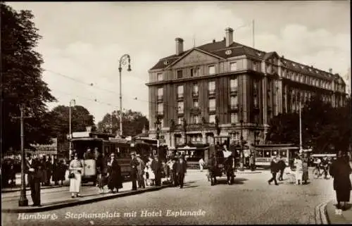 Ak Hamburg Mitte Neustadt, Stephansplatz mit Hotel Esplanade, Straßenbahn