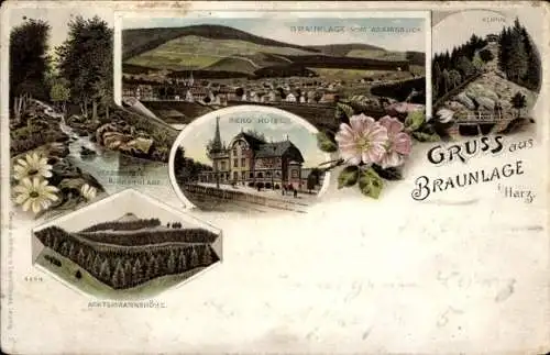 Litho Braunlage im Oberharz, Berghotel, Klippe, Achtermannshöhe, Wasserfall, Panorama v. Adamsblick