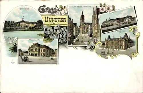 Litho Münster in Westfalen, Schloss, Lambertikirche, Bahnhof, Akadamie, Kaiserl. Postamt