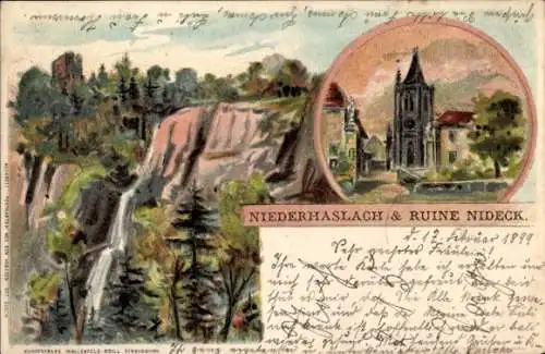 Litho Niederhaslach Elsass Bas Rhin, Ruine Nideck, Wasserfall