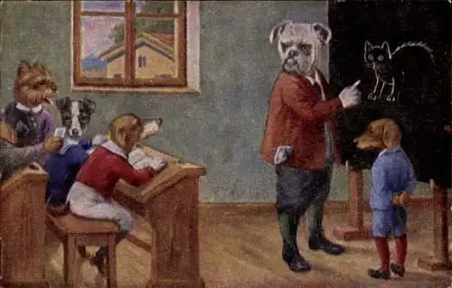 Künstler Ak Hundeschule, Lehrer, Dackel, Vermenschlichte Hunde