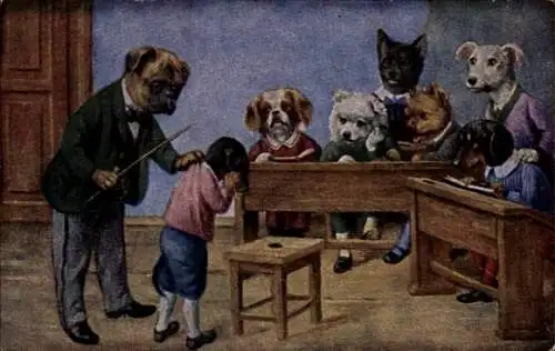 Künstler Ak Hundeschule, Lehrer, Dackel, Vermenschlichte Hunde