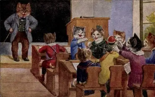 Künstler Ak Vermenschlichte Katzen in der Schule, Ball