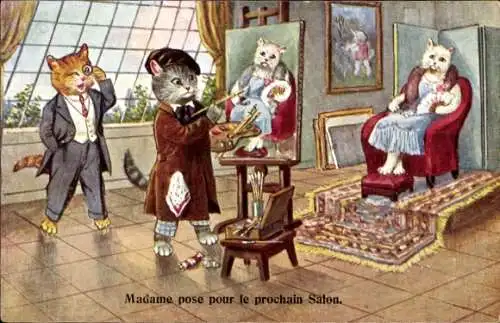 Künstler Ak Vermenschlichte Katzen, Maler, Katzendame als Modell