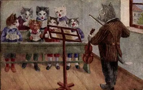 Künstler Ak Vermenschlichte Katzen beim Musikunterricht, Chor