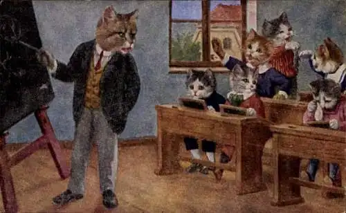 Künstler Ak Vermenschlichte Katzen in der Schule