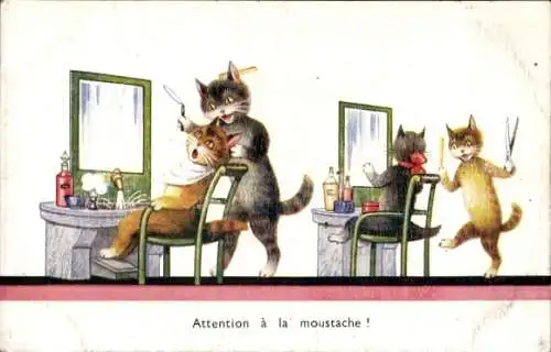 Künstler Ak Vermenschlichte Katzen, Friseursalon, Barbier