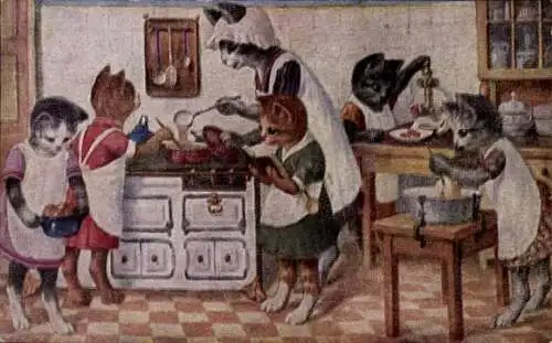 Künstler Ak Vermenschlichte Katzen, Küche