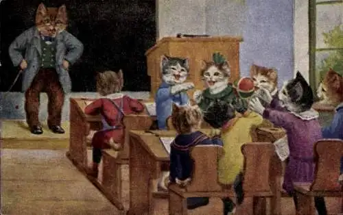 Künstler Ak Vermenschlichte Katzen in der Schule, Ball