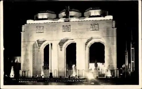Ak Anvers Antwerpen, Exposition, Wereldtentoonstelling, Weltausstellung 1930, Hoofdingang, Nacht