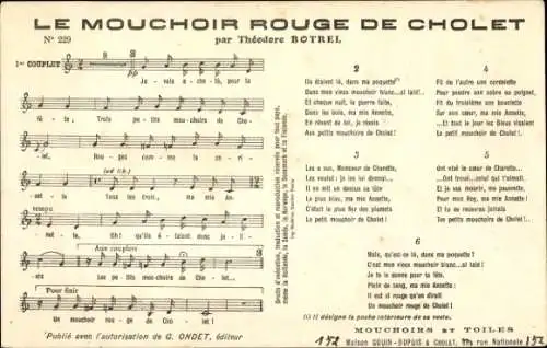 Lied Ak Le mouchoir rouge de Cholet, Théodore Botrel