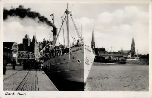 Ak Hansestadt Lübeck, Hafen, Dampfschiff Hansa