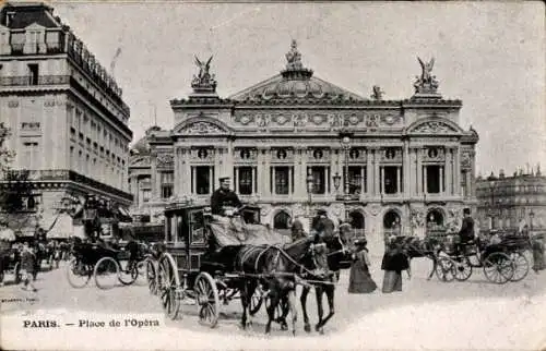 Ak Paris XI, Place de Opera, Theater, Verkehr, Kutschen