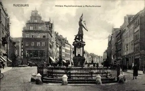 Ak Augsburg Schwaben, Mittlere Maximilianstraße, Merkurbrunnen