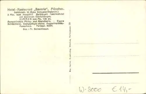Ak München, Hotel Restaurant Bavaria, Schillerstraße 10 Ecke Schwanthalerstraße
