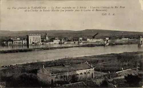 Ak Tarascon Bouches du Rhône, Vue generale, Pont, Chateau du Roi Rene, Clocher de Sainte Marthe