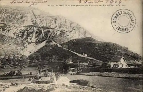 Ak Lourdes Hautes Pyrénées, Vue generale du Funiculaire, Pic du Ger
