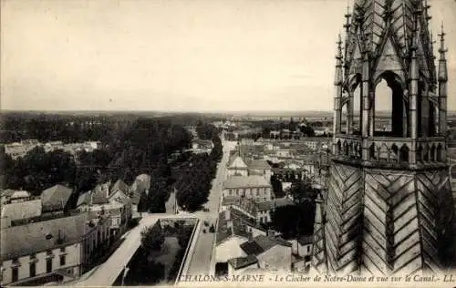 Ak Chalons sur Marne, Le Clocher de Notre-Dame et vue sur le Canal