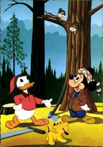 Ak Walt Disney, Micky Maus, Donald Duck, Pluto, Eichhörnchen