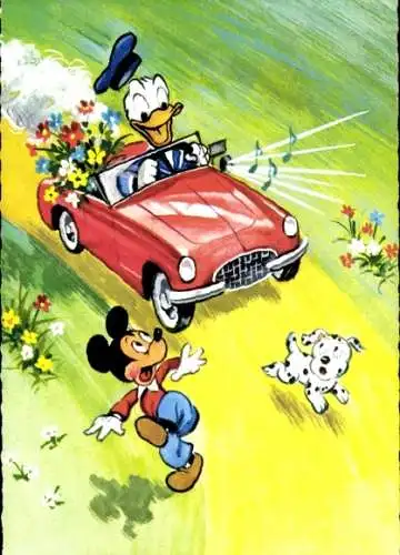 Ak Walt Disney, Micky Maus, Donald Duck, Auto, Hund