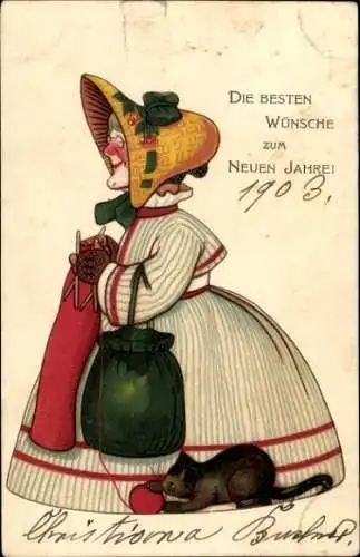 Litho Glückwunsch Neujahr, Mütterchen strickt, Katze spielt mit Wollknäuel