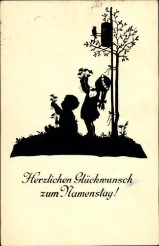 Scherenschnitt Künstler Ak Pflug, C., Glückwunsch Namenstag, Kinder, Blumen