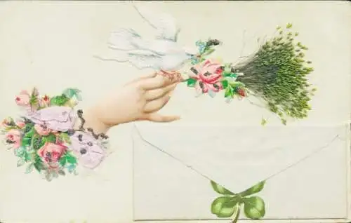Stoff Ak Blumenstrauß, Briefumschlag, Taube, Echte Pflanze