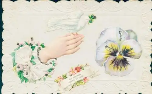 Stoff Präge Ak Weibliche Hand, Stiefmütterchen, Stoffschleife, Taube, Kitsch