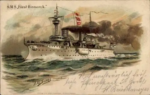 Künstler Litho Siehl, J.G., Deutsches Kriegsschiff, SMS Fürst Bismarck, Kaiserliche Marine
