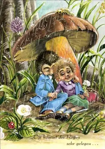 Künstler Ak Vermenschlichte Igel, Igelpaar unter Pilzhut, Oft kommt der Regen sehr gelegen