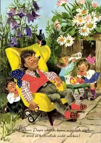 Künstler Ak Vermenschlichte Igel, Igelkinder, Wenn Papa schläft kann man sich stärken
