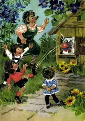 Künstler Ak Vermenschlichte Igel, Igelkinder mit Fußball, zerbrochene Scheibe