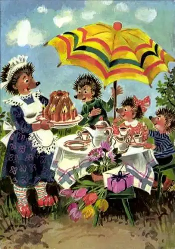 Künstler Ak Vermenschlichte Igel, Igelkinder, Igelfrau, Geburtstagskuchen, Sonnenschirm