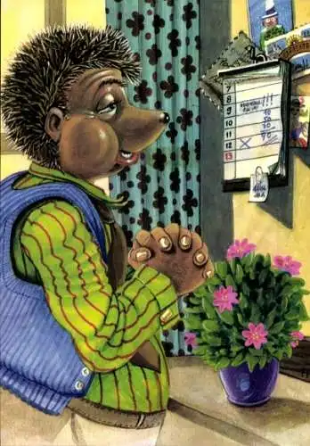 Künstler Ak Vermenschlichter Igel, Igelmann, Kalender