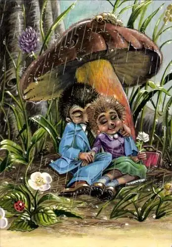 Künstler Ak Vermenschlichte Igel, Igelpaar unter einem Pilzhut im Regen
