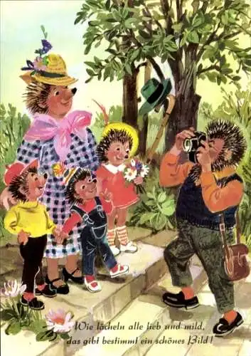 Künstler Ak Vermenschlichte Igel, Familie, Igelmann mit Fotoapparat