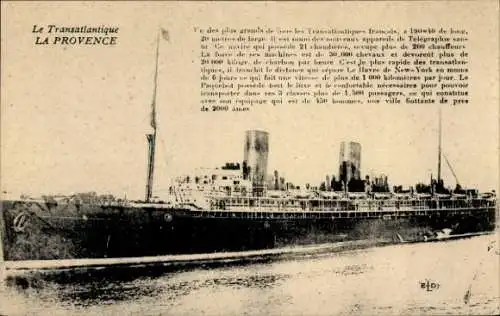 Ak Dampfer La Provence, CGT, French Line