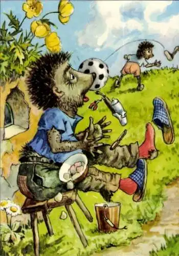 Künstler Ak Vermenschlichte Igel, Igelmann mit Pfeife, Igelkinder, Fußball