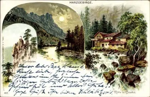 Litho Oker Goslar am Harz, Marienfelsen, Rabenklippe, Mühle im Ockertal