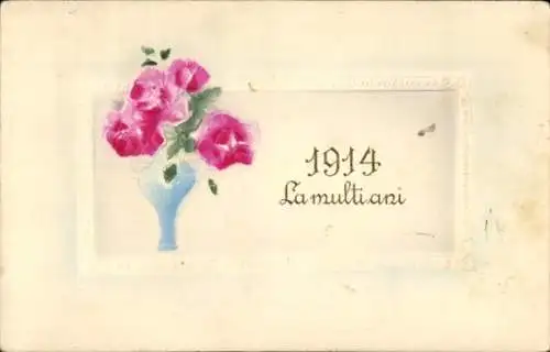 Präge Litho Glückwunsch Neujahr, Jahreszahl 1914, Blumen in einer Vase