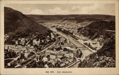 Ak Bad Ems an der Lahn, Blick lahnabwärts, Gesamtansicht