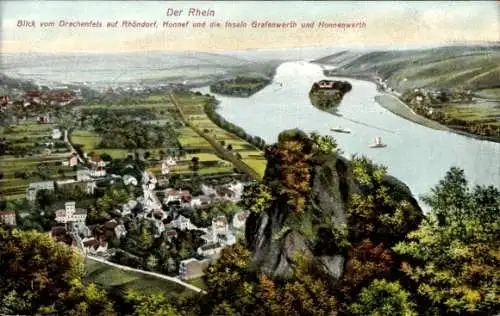Ak Rhöndorf Bad Honnef am Rhein, Blick vom Drachenfels auf Honnef, Inseln Grafenwerth, Nonnenwerth