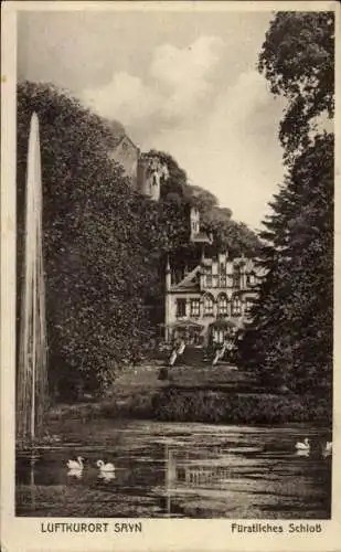Ak Sayn Bendorf am Rhein, Fürstliches Schloss, Teich, Springbrunnen, Schwäne