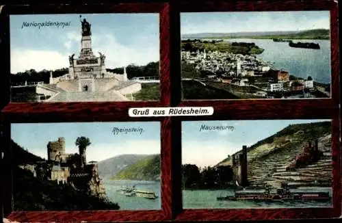 Ak Rüdesheim am Rhein, Nationaldenkmal, Rheinstein, Mäuseturm, Panorama