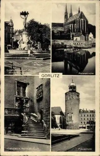 Ak Görlitz in der Lausitz, Kunstbrunnen Hindenburgplatz, Peterskirche, Frauenturm, Rathaustreppe